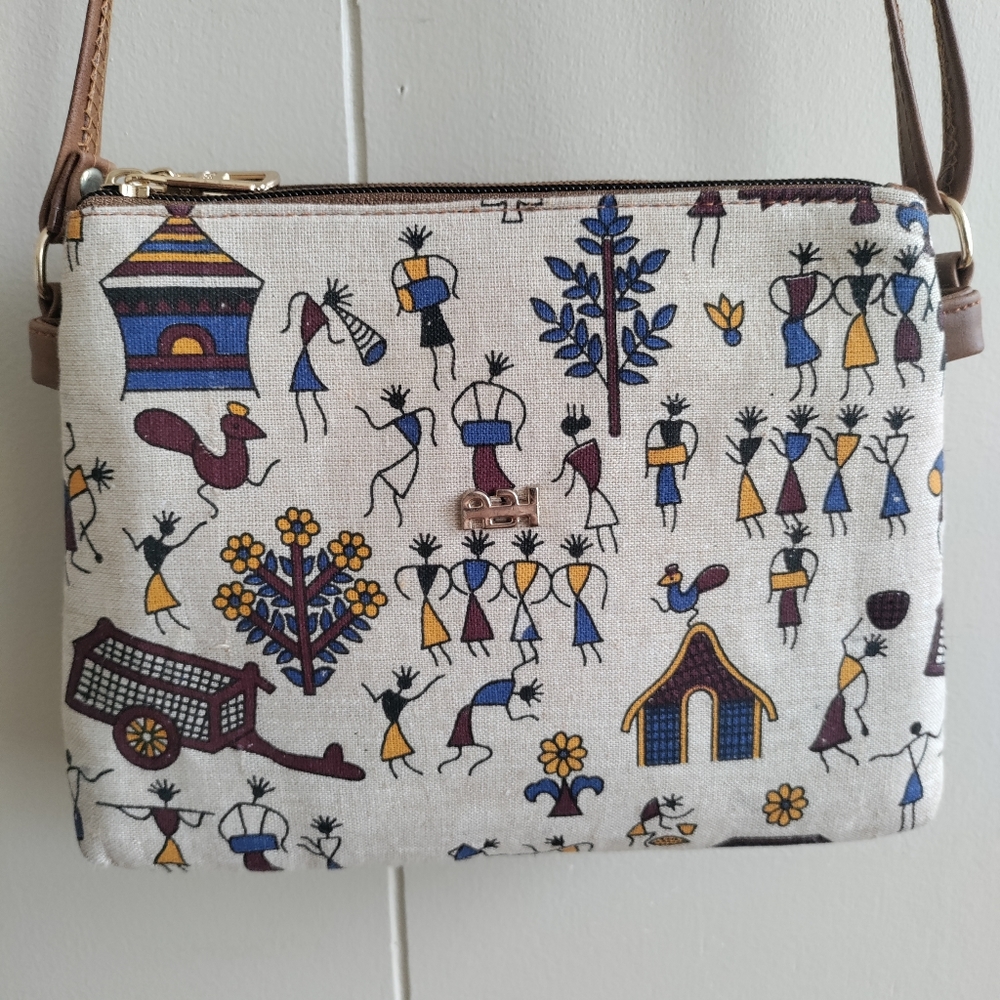 Warli Indian Art Motif Canvas Sling Bag